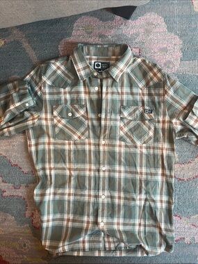 Salty Crew Men’s Olive and Brown Plaid Short-Sleeve Button-Up Shirt